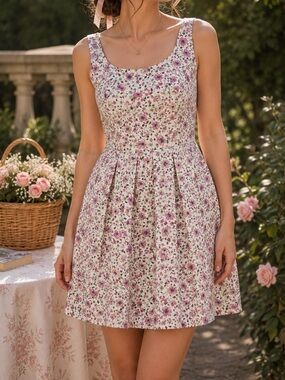 Pink Martini Floral Fit Flare Dress Cotton Coquette Garden Party Tea Dress M